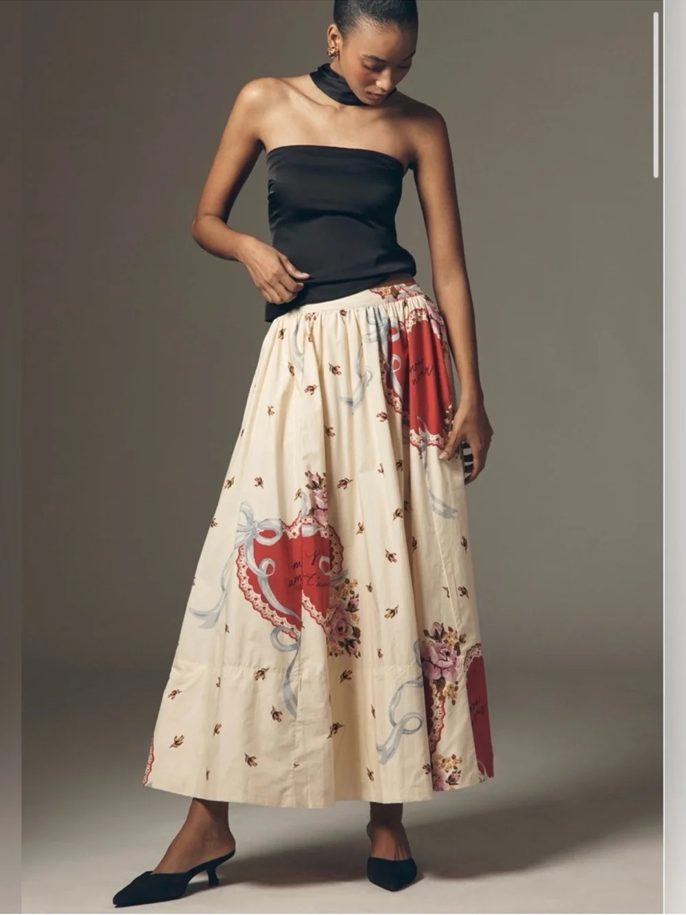 Maeve Cream Maxi Skirt with Red Heart & Blue Ribbon Print small petite